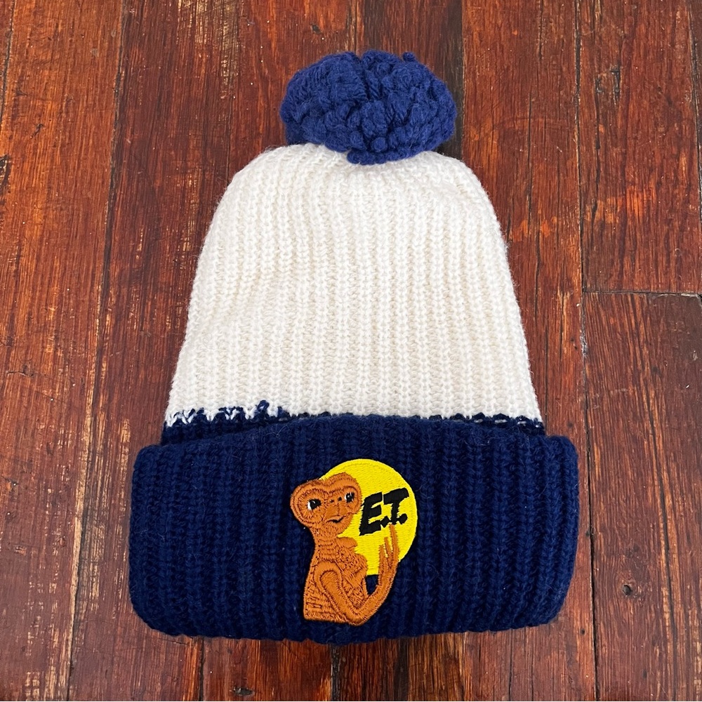 1982 Universal Studios E.T. Fold Knit Beanie Hat Multicolor White Blue One Size